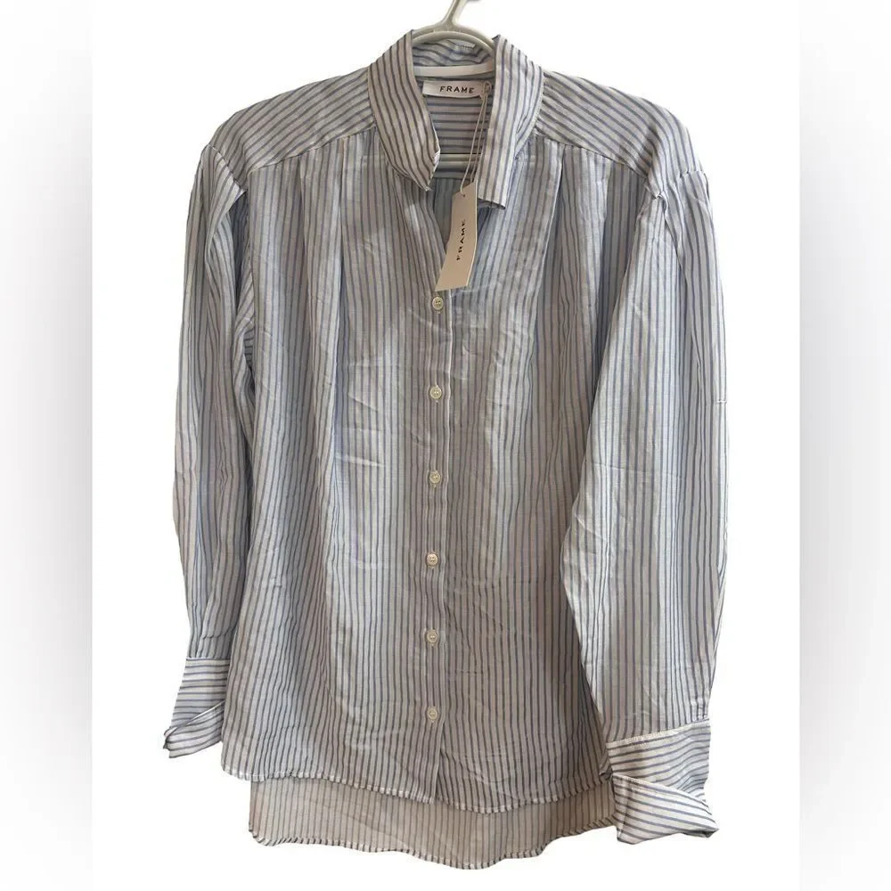 Frame NWT Pleated Clean Collared Chambray Striped Shirt Size S/M - Picture 2 of 8